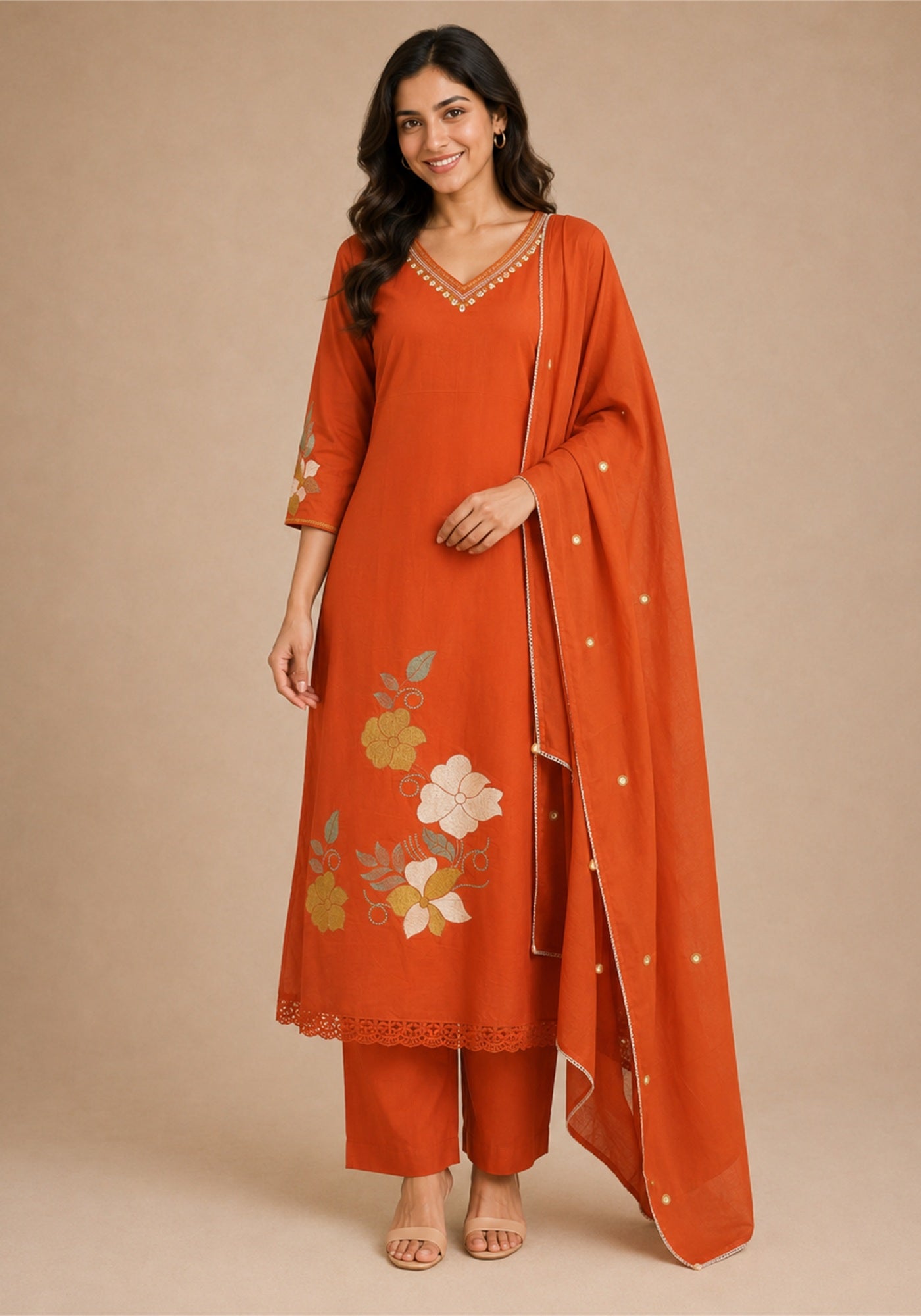 Bright Red Cotton Floral Embroidered Kurta Pant Set with Dupatta - Bright Red - view 1